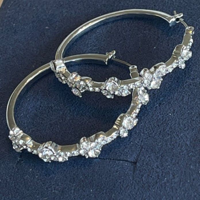 Givenchy Cubic Zirconia Rhinestone Silvertone Floral Hoop Earrings 1.5" Nwot